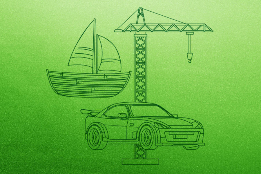 Car, boat and crane outline on green background. Programs for Scouts - Girl Scouts Mechanical Engineering Workshop