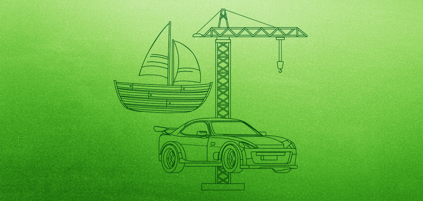 Car, boat and crane outline on green background. Programs for Scouts - Girl Scouts Mechanical Engineering Workshop